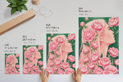 Poster para cozinha Uma mulher entre peônias cor-de-rosa contra um fundo verde.