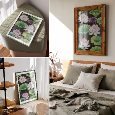 Poster para cozinha com estampa de natureza, flores e folhas verdes
