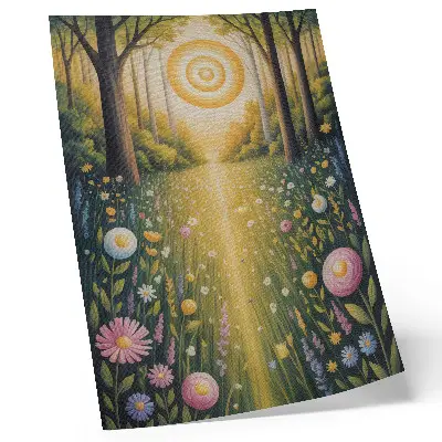 Pôster decorativo caminho na floresta com flores sob a luz do sol