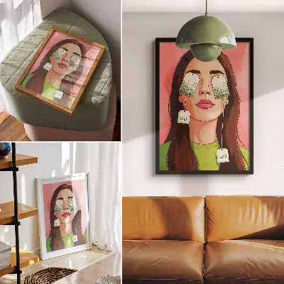 Arte de parede fundo colorido com detalhes em verde e figura com chá
