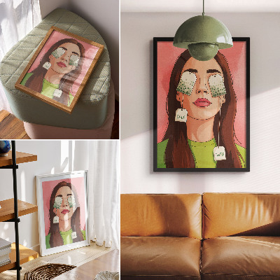 Arte de parede Fundo colorido com detalhes em verde e uma figura com chá.