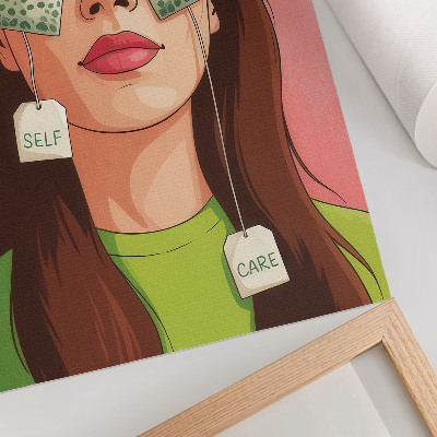 Arte de parede Fundo colorido com detalhes em verde e uma figura com chá.