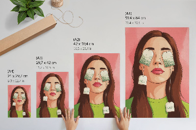 Arte de parede Fundo colorido com detalhes em verde e uma figura com chá.