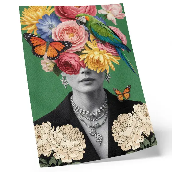 Impressão em tela com flores, pássaros, borboletas e figuras elegantes em estilo surrealista