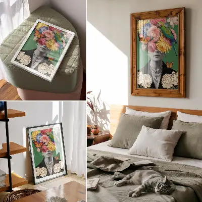 Impressão em tela com flores, pássaros, borboletas e figuras elegantes em estilo surrealista