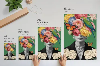 Impressão em tela com flores, pássaros, borboletas e figuras elegantes em estilo surrealista