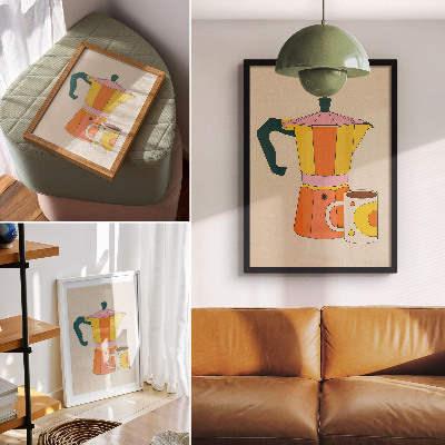 Arte de parede Bule e caneca geométricos, em cores vibrantes e otimistas.