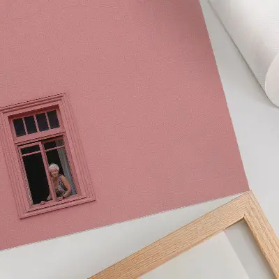 Poster para cozinha parede rosa com estampa de janela