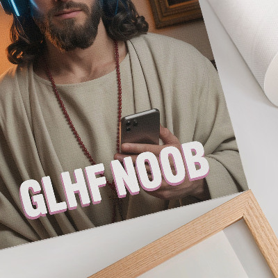 Arte de parede Homem de fones de ouvido, smartphone, inscrição de rosário