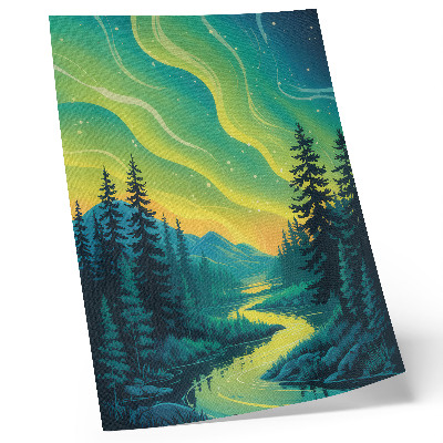 Arte de parede Aurora boreal em contraste com a floresta e o rio, cores harmoniosas.
