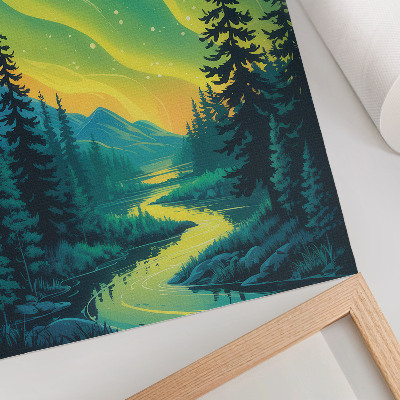 Arte de parede Aurora boreal em contraste com a floresta e o rio, cores harmoniosas.