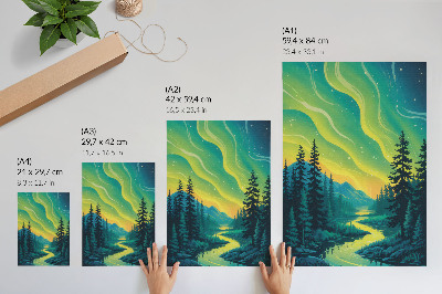 Arte de parede Aurora boreal em contraste com a floresta e o rio, cores harmoniosas.