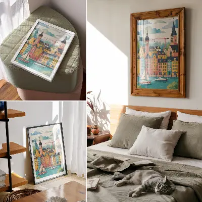 Poster decorativo com prédios coloridos, águas calmas e clima ameno
