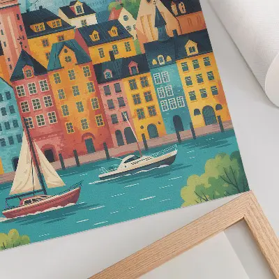 Poster decorativo com prédios coloridos, águas calmas e clima ameno
