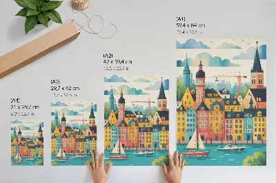 Poster decorativo com prédios coloridos, águas calmas e clima ameno