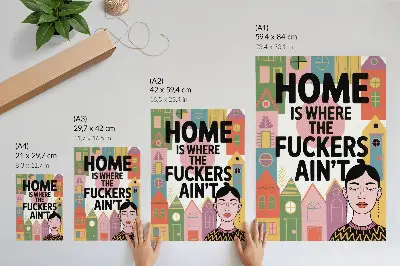Poster para cozinha casas geométricas coloridas com ilustrações de faces