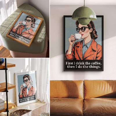 Arte de parede Mulher retrô com café, letras motivacionais