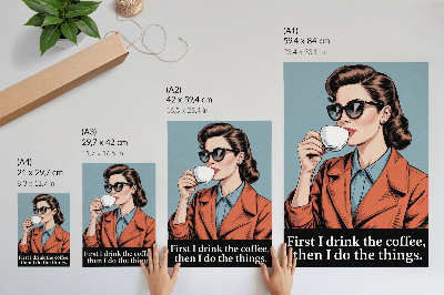 Arte de parede Mulher retrô com café, letras motivacionais