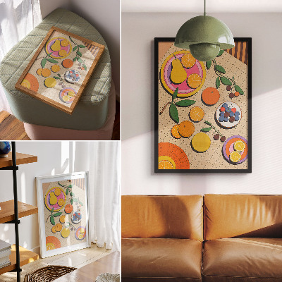 Poster para cozinha Uma composição dinâmica de frutas sobre um fundo geométrico.