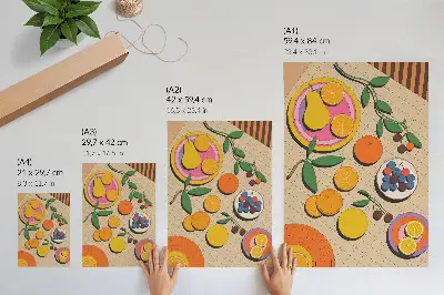 Poster para cozinha composição dinâmica de frutas sobre fundo geométrico
