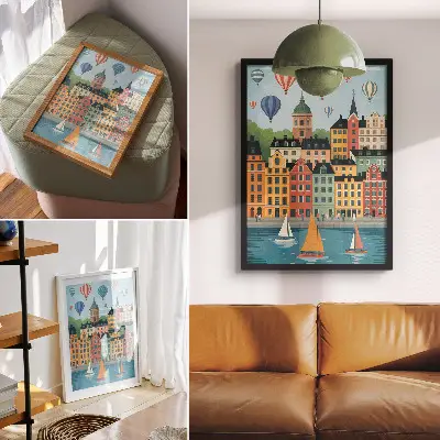 Poster para cozinha com estampa de prédios de apartamentos, balões, veleiros e atmosfera colorida