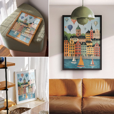 Poster para cozinha Prédios de apartamentos, balões, veleiros, atmosfera colorida