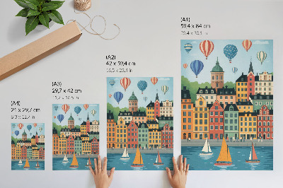 Poster para cozinha Prédios de apartamentos, balões, veleiros, atmosfera colorida