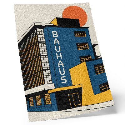 Impressão em tela Edifício Bauhaus azul-marinho com detalhes em amarelo e um toque de modernidade.