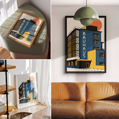 Impressão em tela Edifício Bauhaus azul-marinho com detalhes em amarelo e um toque de modernidade.