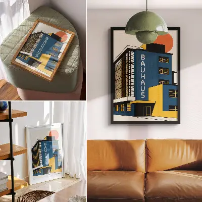 Impressão em tela edifício Bauhaus em azul-marinho com detalhes em amarelo e um toque de modernidade
