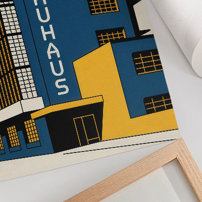 Impressão em tela Edifício Bauhaus azul-marinho com detalhes em amarelo e um toque de modernidade.