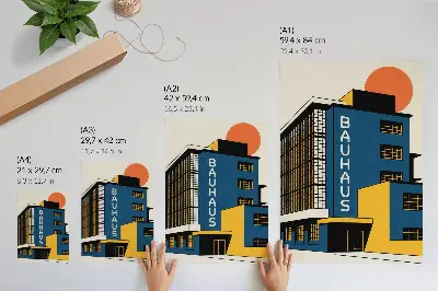 Impressão em tela edifício Bauhaus em azul-marinho com detalhes em amarelo e um toque de modernidade