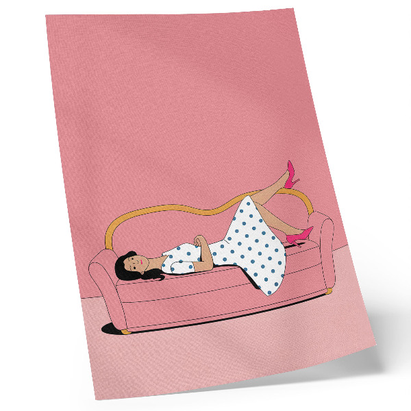 Arte de parede Cena de relaxamento tranquilo com mulher em sofá rosa