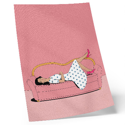 Arte de parede Cena de relaxamento tranquilo com mulher em sofá rosa