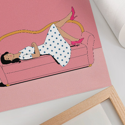 Arte de parede Cena de relaxamento tranquilo com mulher em sofá rosa