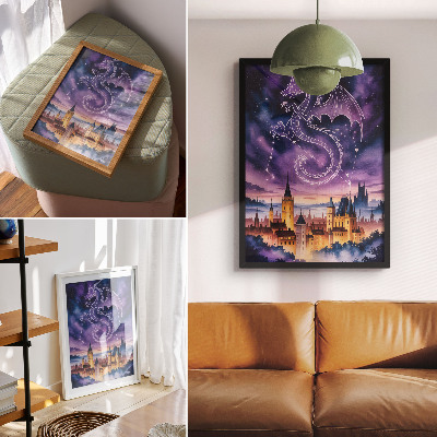 Poster decorativo Mundo de fantasia, castelo de dragão, céu, estrelas, espaço