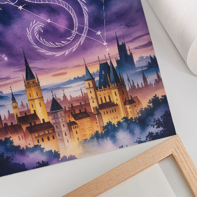 Poster decorativo Mundo de fantasia, castelo de dragão, céu, estrelas, espaço