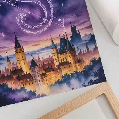 Poster decorativo mundo de fantasia com castelo de dragão, céu estrelado e espaço
