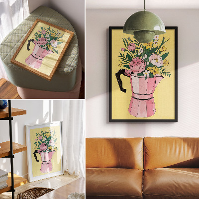 Poster para cozinha Ilustração moderna com uma cafeteira rosa.