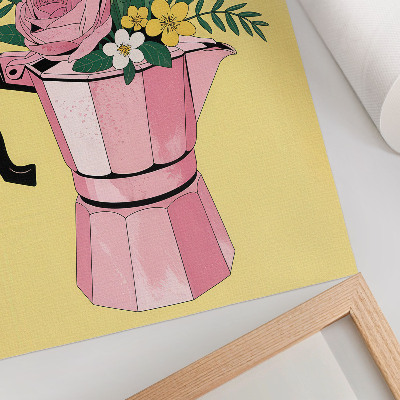 Poster para cozinha Ilustração moderna com uma cafeteira rosa.