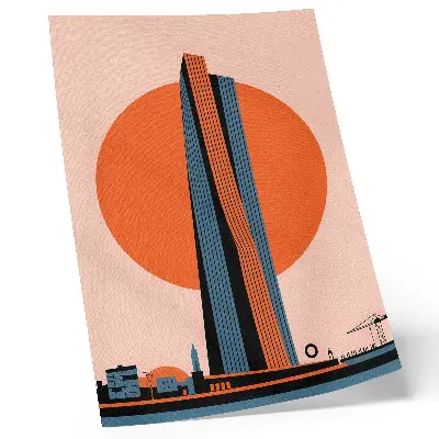 Impressão em tela arranhar-céu contra um fundo circular com estilo minimalista de alto contraste
