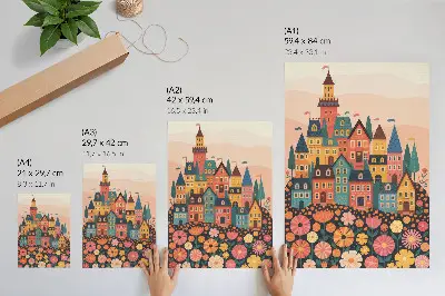 Poster para cozinha casas coloridas com flores em atmosfera idílica