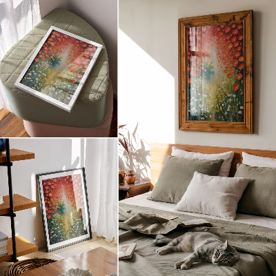 Impressão em tela Flores vermelhas, detalhes em verde, fundo tridimensional.