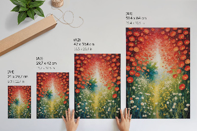 Impressão em tela Flores vermelhas, detalhes em verde, fundo tridimensional.