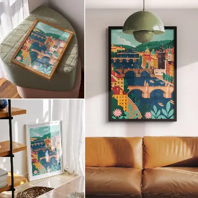 Poster para cozinha paisagem de cidade colorida com pontes, natureza e céu
