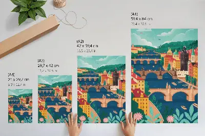 Poster para cozinha paisagem de cidade colorida com pontes, natureza e céu