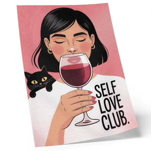 Poster decorativo ilustração de mulher com vinho e gato
