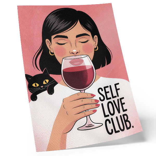 Poster decorativo Mulher com vinho e gato em estilo de ilustração
