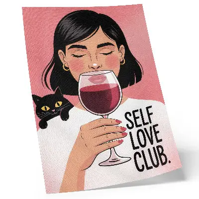 Poster decorativo ilustração de mulher com vinho e gato