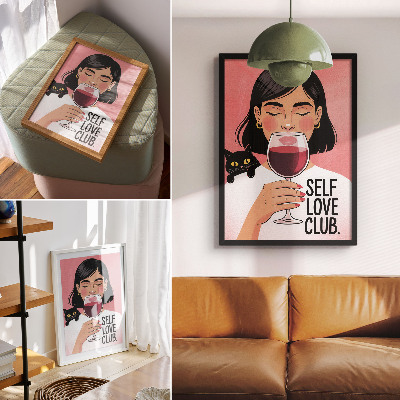 Poster decorativo Mulher com vinho e gato em estilo de ilustração